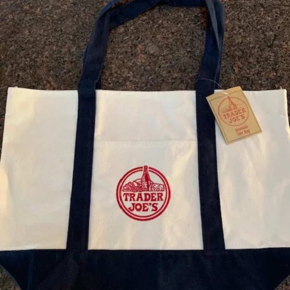 Trader Joe's White and Blue Canvas Tote Bag